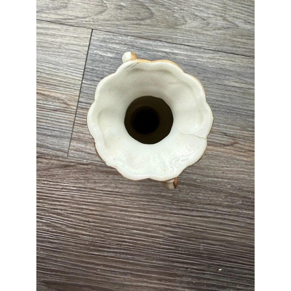 Vintage White Ceramic Vase Gold Handles Pink Rose‎ Bud Embossed Floral Accent